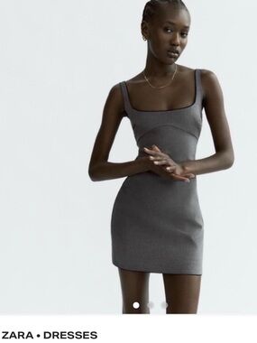 ZARA Bodycon Grey Square-Neck Mini Dress with Black Outline
